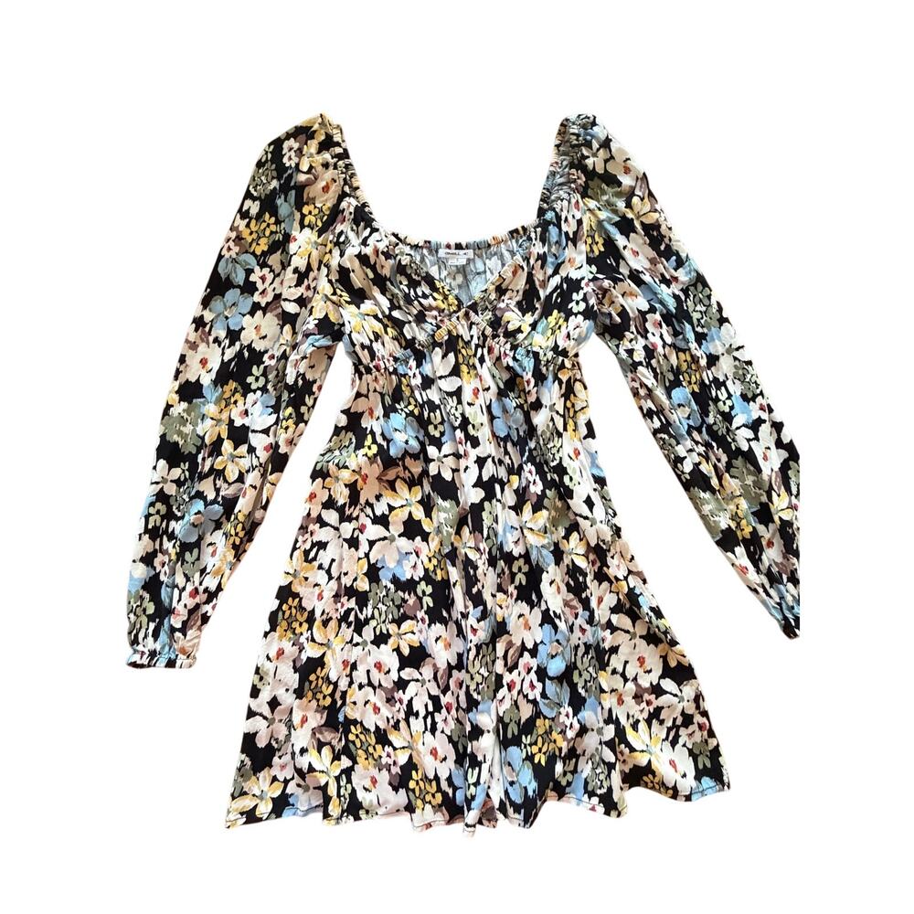O'Neill Floral Mini Dress Womens Small Black Long Sleeve Boho Tie Front Beach S